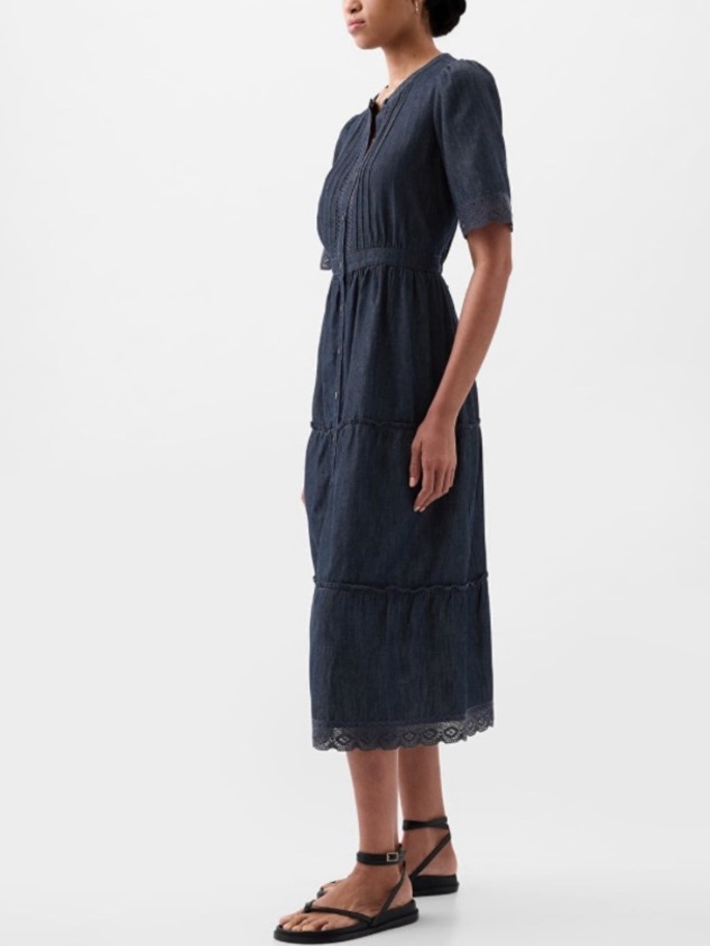 GAP Dark Indigo Lace-Trim Tiered Denim Midi Dress XXS